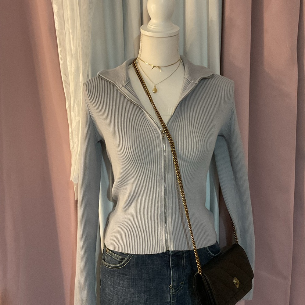 Women's Ribbed Zip-Up Jacket - Gray Outgoing And Stylish